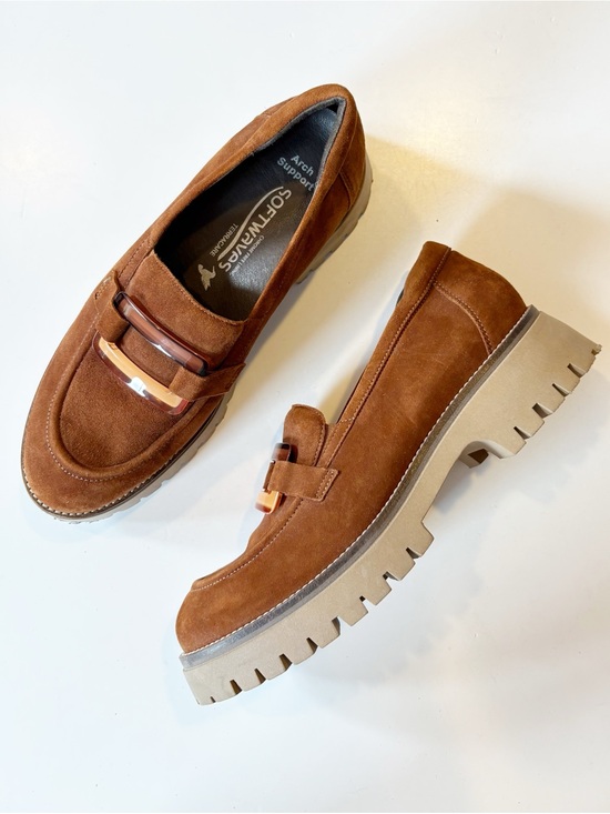 Softwaves Shoes - Softwaves || Vanna Suede Loafers Chunky Big Buckle Cognac Brown 41